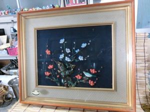 ⚫️ 貴石画（宝石画） 美術工芸品 昭和レトロ 鑑定済み 観山作 秀宝作 宝石画 貴石画 花 花瓶 骨董 額装 美術 アンティーク 工芸品