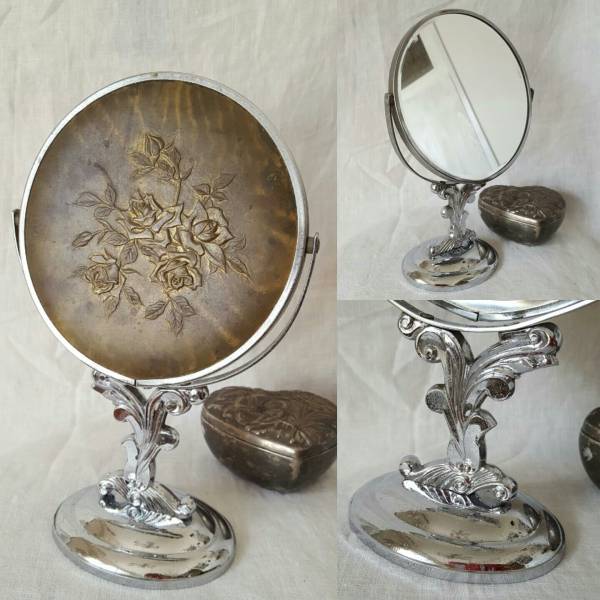 昭和レトロ☆古いミラースタンド☆薔薇模様☆エンボス☆ブロカント☆アンティーク