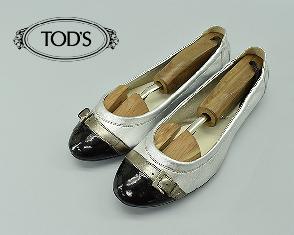 A4188■イタリア製■TOD'S トッズ■ベルトストラップ　パテント×メタリックバレエシューズ/size37/シルバー/ブラック/