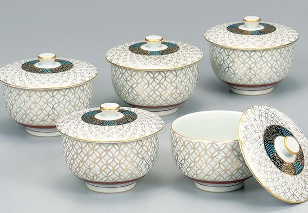 九谷焼 蓋付 茶器セット 金七宝(湯のみ5客,急須) 即決 送料無料(湯呑み