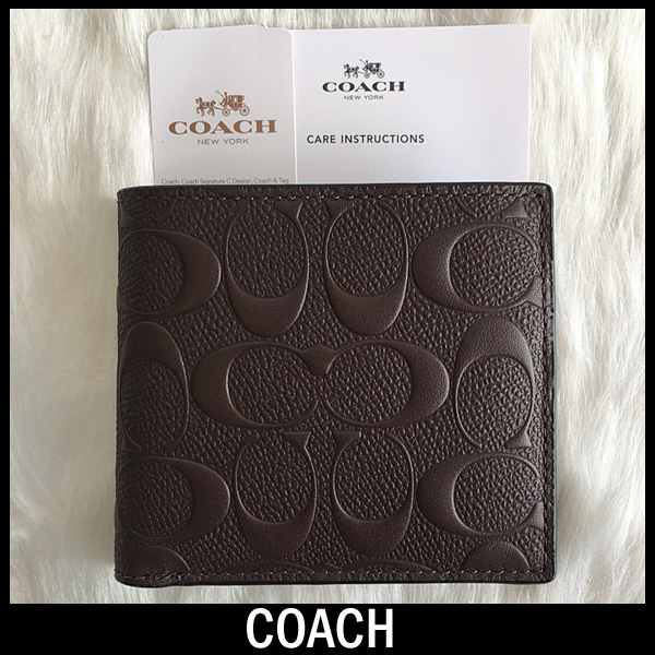 コーチ☆本革 2つ折り 財布 シグネチャー レザー コイン入れ付き ブラウン【COACH】新品