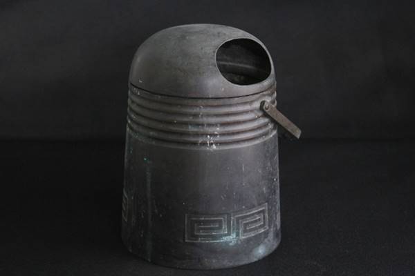 TB526古銅 輪線 雷文 手炙り 提梁手炉◇煎茶道具/待合/露地/瓶掛/火鉢/時代/骨董/囲炉裏/中国唐物/老銅/古道具タグボート