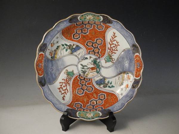 ◇伯◇古伊万里 色絵 花鳥山水 輪花 飾大皿 30cm 江戸期 4ta22