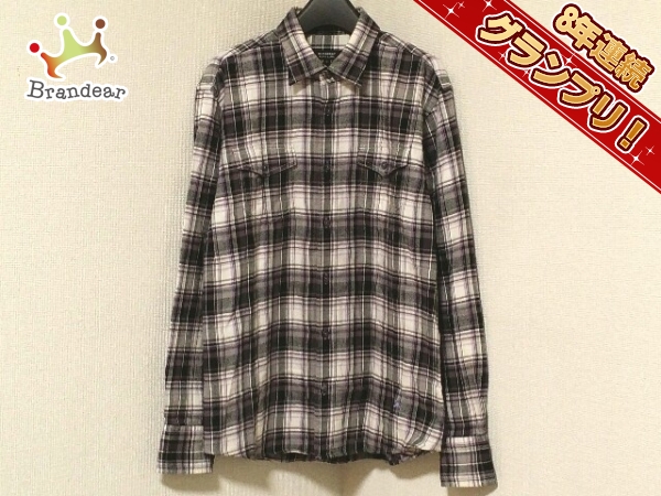 バーバリーブラックレーベル 長袖シャツ サイズ3 L メンズ 白×パープル×黒 チェック柄 Burberry Black Label