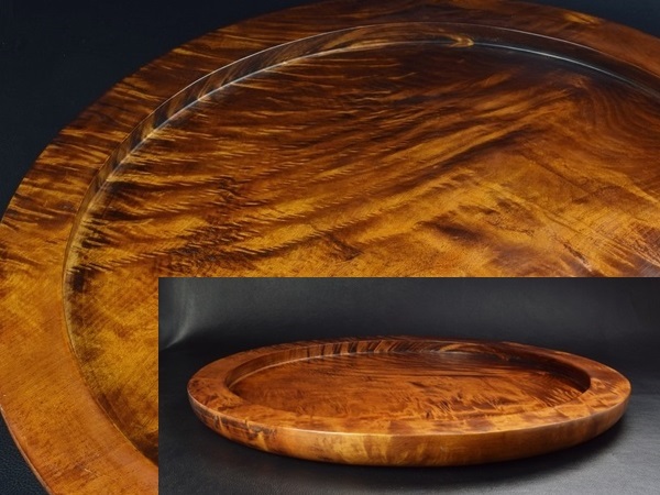 【蔵出/銘木工芸師匠謹作/栃虎縮美杢無垢刳貫61.4cm盆名品/K06