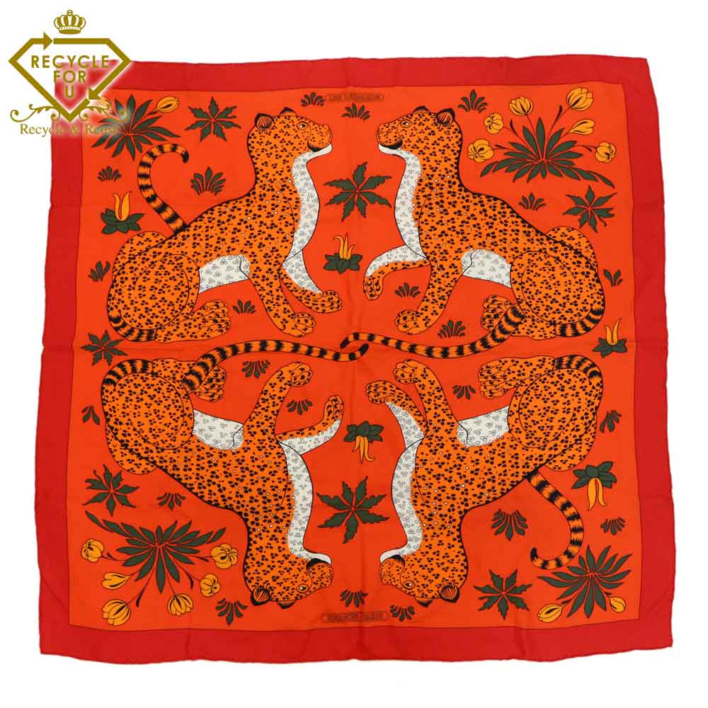 エルメス カレ90・LES LEOPARDSシルクツイルスカーフ[ヒョウ]/オレンジ×レッド/HERMES■197309