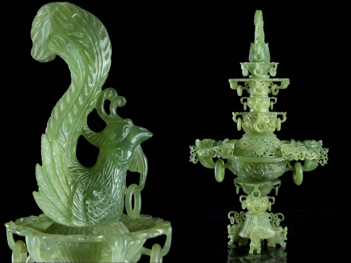 昊】中国古玩 玉製 翡翠 龍雲彫香炉 特大50cm 台付 美術品i 東洋彫刻