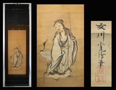 ★古ボロ軸【鶴仙人之図】友川寛信（狩野融川寛信）●絹本肉筆・神仏画時代掛軸