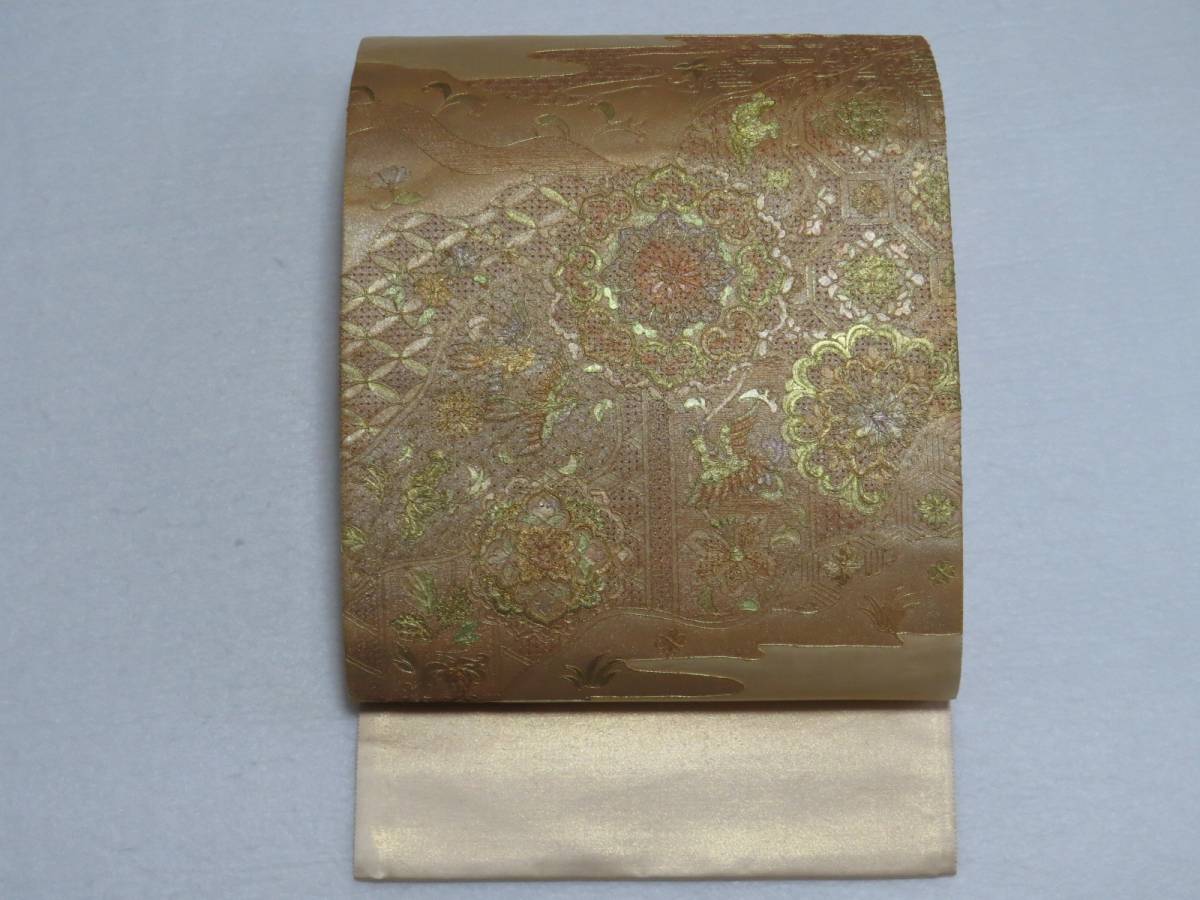 【帯姫】P21●正絹● 肌色金箔に汕頭刺繍　●