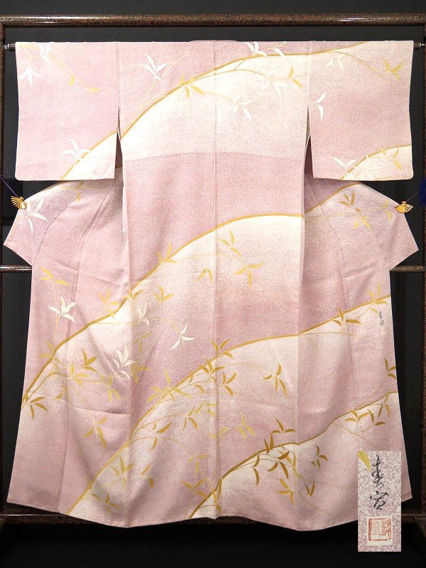 特216dntehara 作家物手描き訪問着袷着物 落款 たたき 竹 紅藤色 中古【ことこと屋】