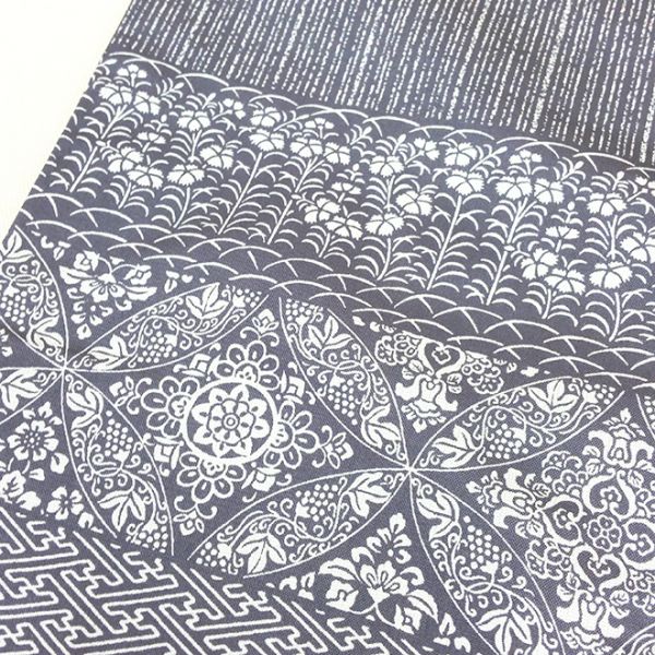 【針子】シャリ感紬◆横縞オリエンタル更紗訪問着＊シンプルグレー地◇袷正絹着物