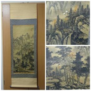 【超激得，超激得，HOT】 掛け軸 〇銘 作 中国水墨山水画 風景 水墨山水掛け軸 中国画 絹本肉筆 唐木軸(掛軸)｜売買されたオークション情報、yahooの商品情報をアーカイブ公開 - オークファン 掛軸