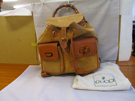 LX22★グッチ/GUCCI リュックサック バックパック バンブー スエード×レザー カーキ系