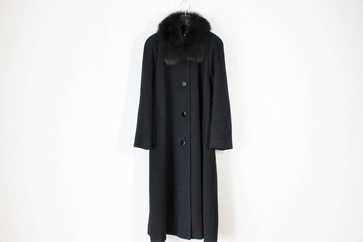 【新品同様】カシミヤ100％ コート ステンカラーコート 11 ファー付き 35 tqe 艶のある黒 極美品 未使用に近い