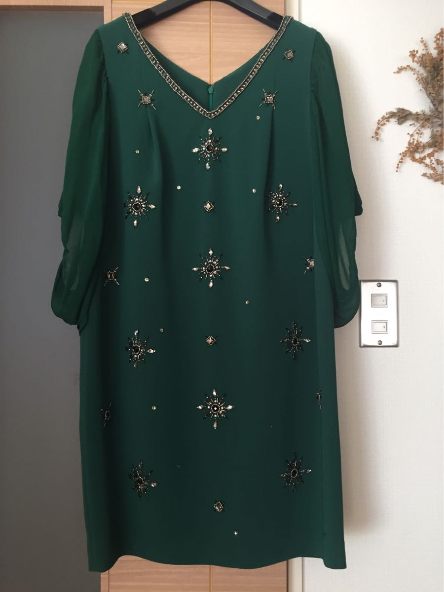 GRACE CONTINENTAL ビーズ装飾 ワンピース ドレス 38 グリーン シフォン シルク クリスマス 式
