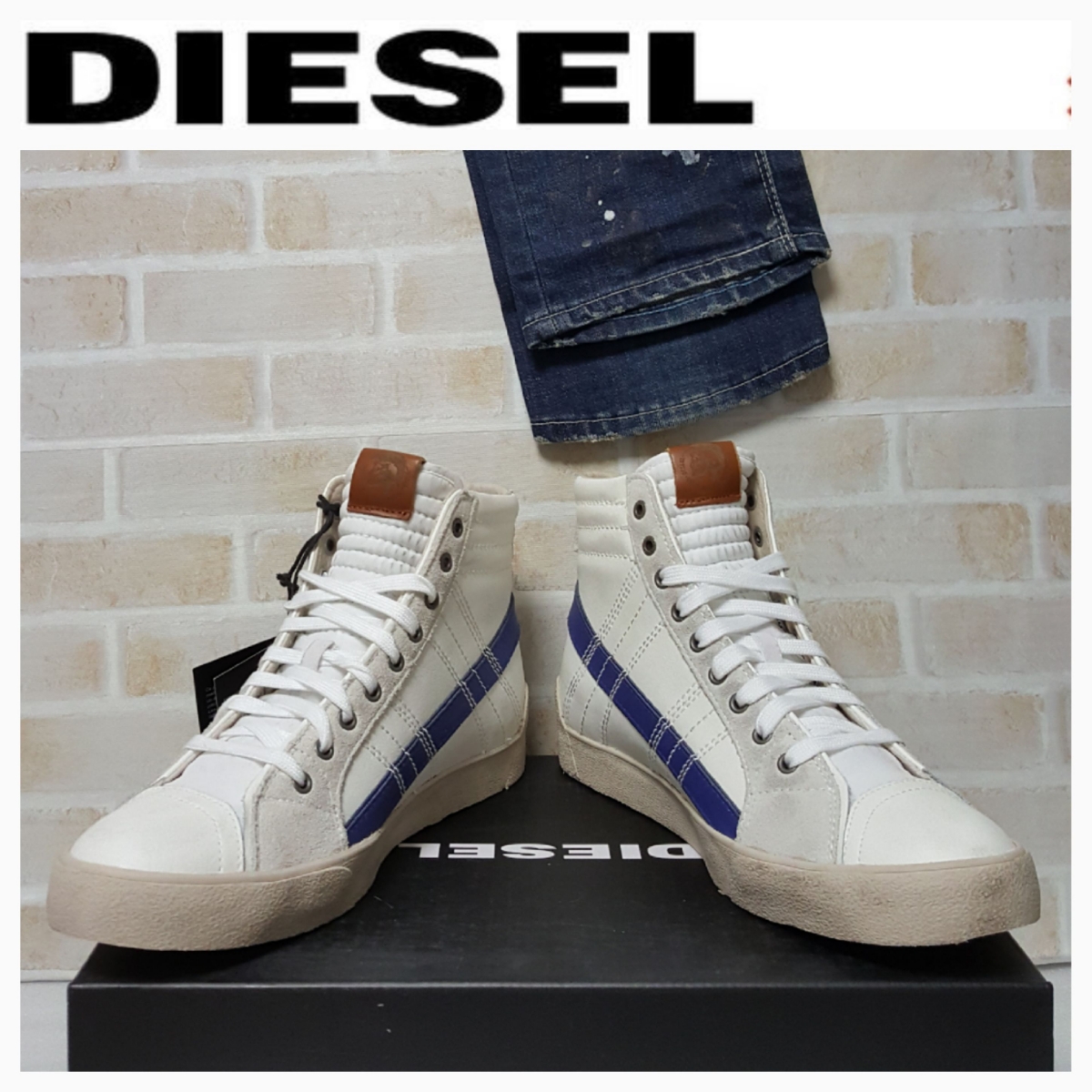 新品【DIESEL】ディーゼル　レザースニーカー42(JP27㎝)［D-STRNG PLUS］ホワイト×マリンブルー　12月売り切り　最低落札なし