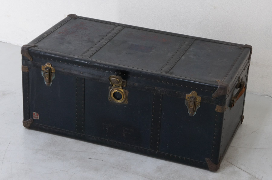 ★アンティーク★高島屋 日本製 古い船トランク 黒★ヴィンテージ レトロ テーブル 旅行鞄 店舗什器★174h31