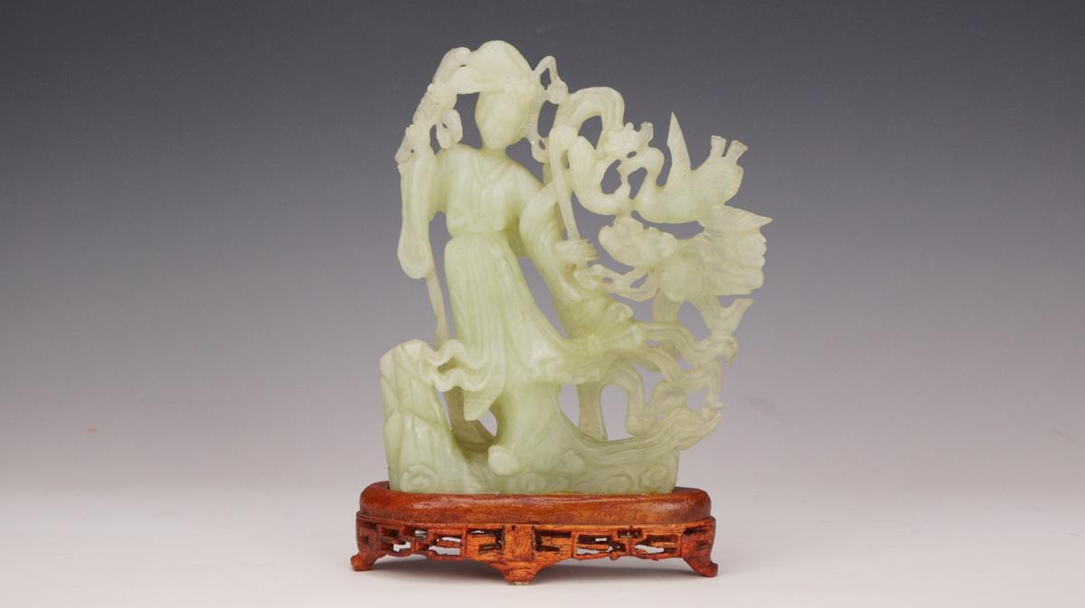 中国古玩 唐物 翡翠玉石 彫刻 天女像 高22cm 置物 /検) 唐物 天然石