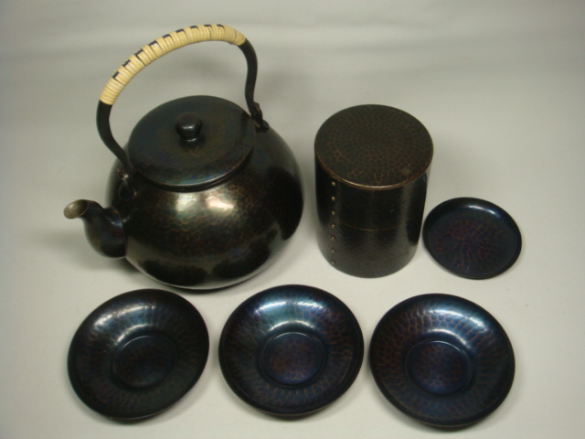 無形文化財 玉川堂 鎚起銅器 紫金色鎚肌 茶器 湯沸/茶筒/