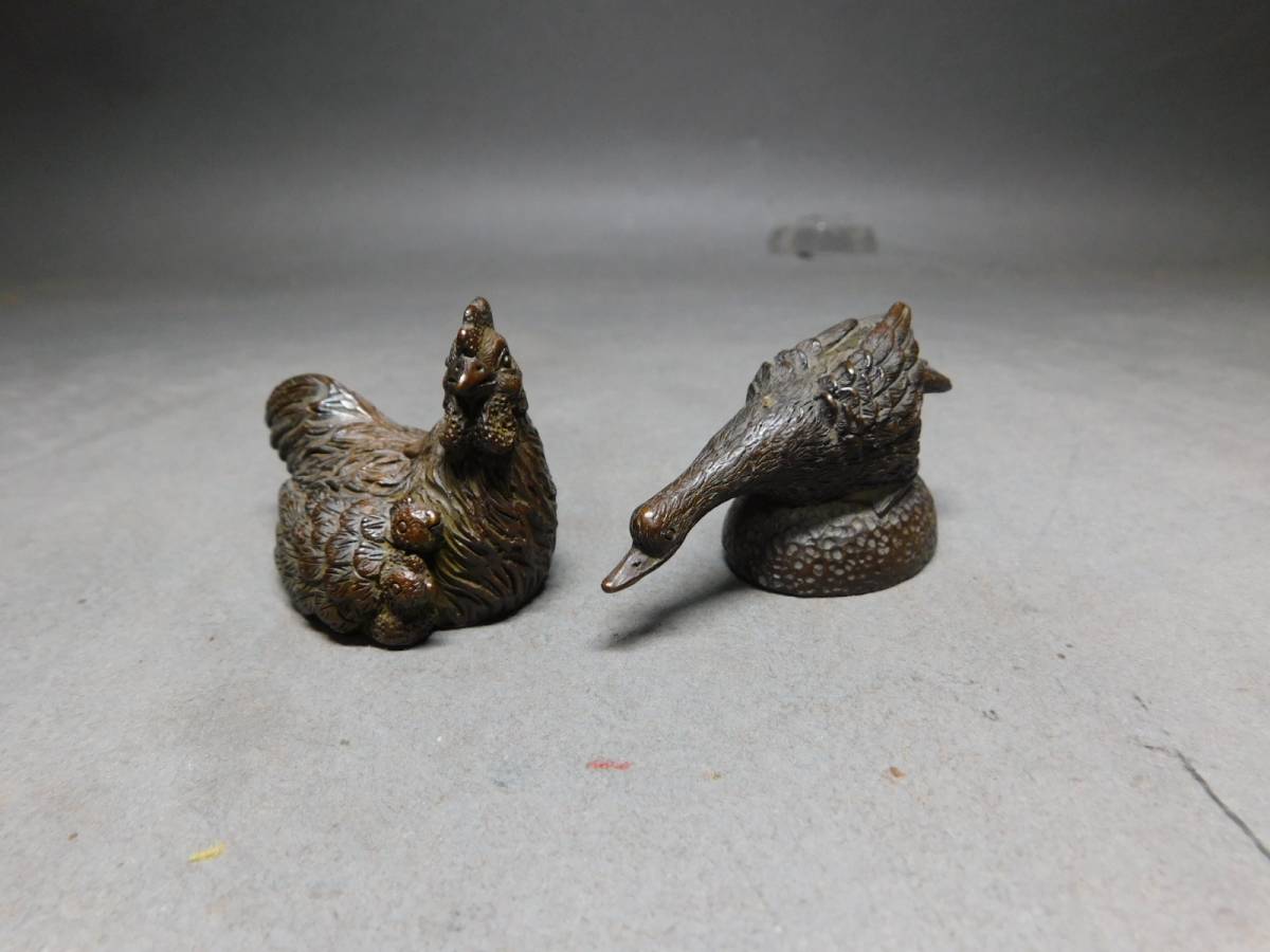 岡黒 極上 初だし品 唐物 銅製 鶏の親子と白鳥 盆景 細密品 珍品 美品