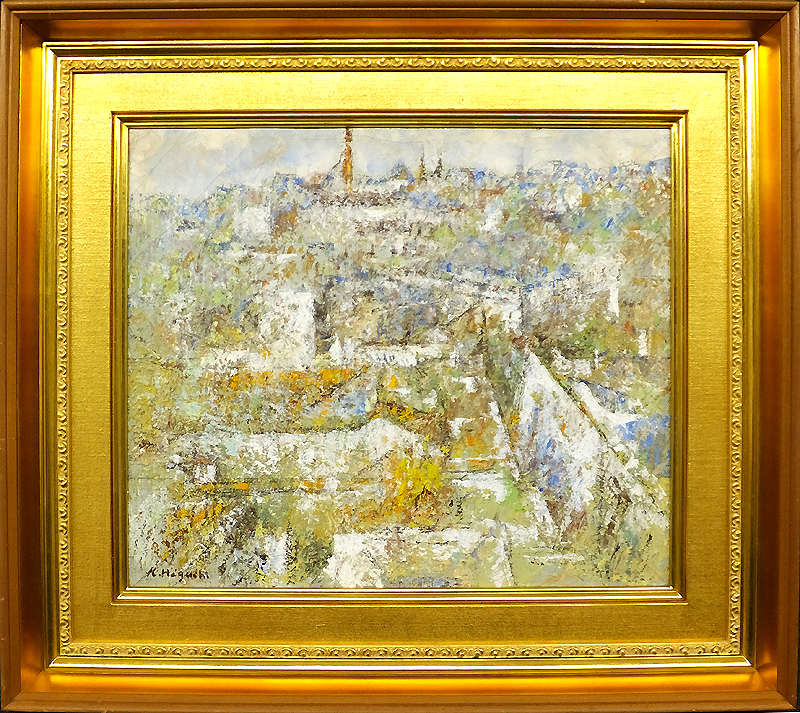 【樋口加六】油彩画「メニールモンタンの寺院」サイン有 大型額装 風景画 油絵絵画 GLC】樋口加六 「風景」 油彩10号 独立美術協会会員 国際形象展活躍
