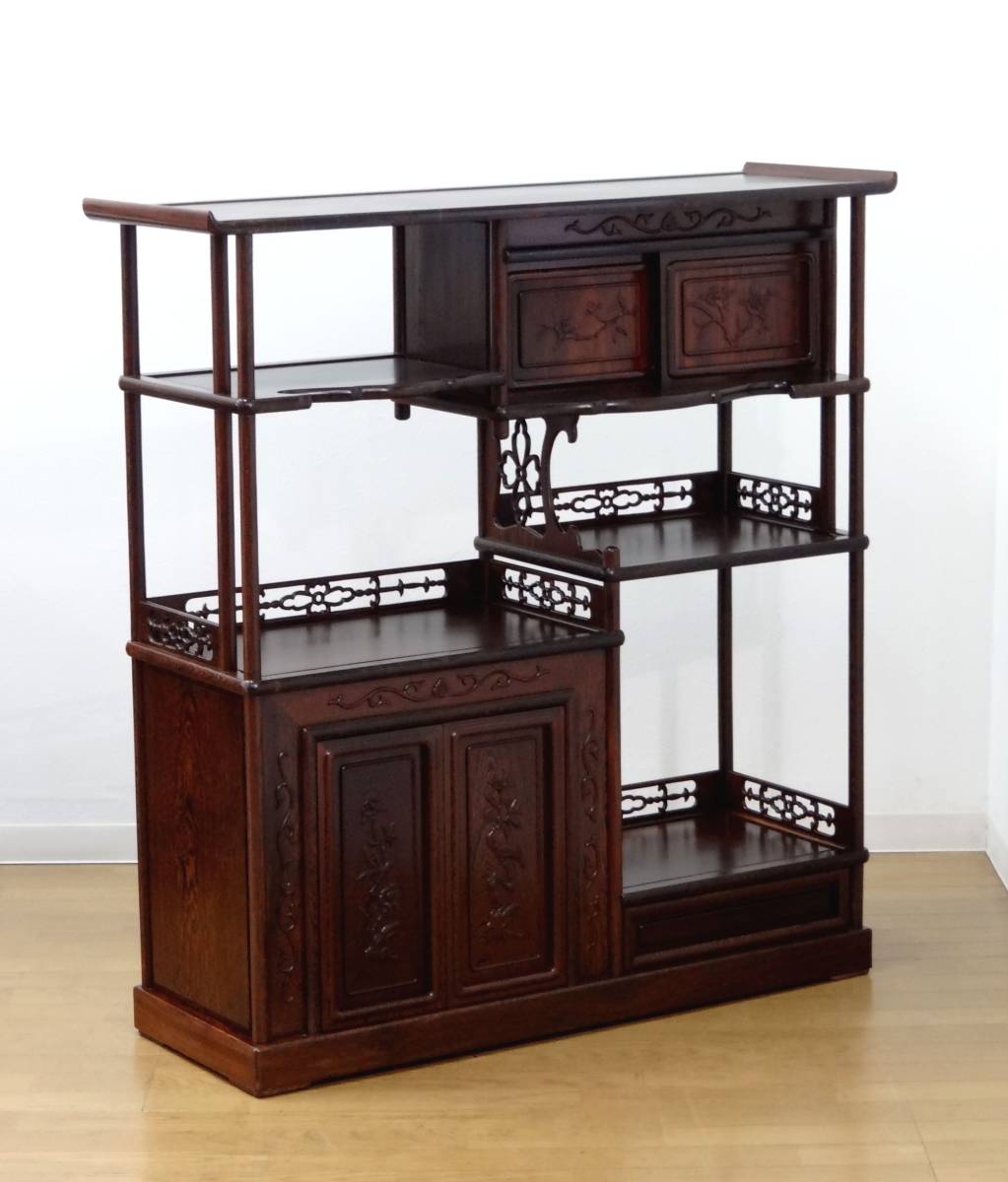 G075 唐木家具 花梨材 総無垢 花鳥図彫刻 美品 木製 鉄刀木(