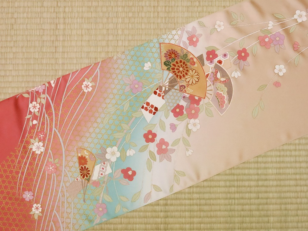 A1801-2058●丸文/反物/附下着物/扇に菊等/新品/未仕立て/正絹