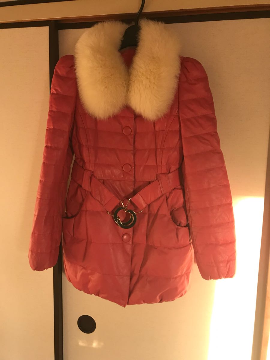 襟元フォックスファー柔らかラム革 ダウンハーフコート美品中古 レディ 
