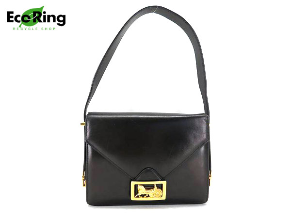1円 セリーヌ 馬車金具 レザー ショルダーバッグ ブラック HS638