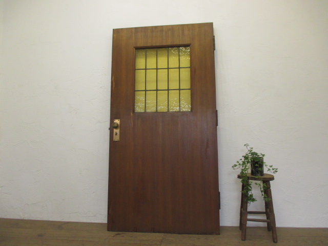 S720◆【H177cm×W90，5cm】◆可愛い色ガラスのレトロな古い木製ドア◆建具カフェ店舗什器リノベーションステンドグラスC笹1
