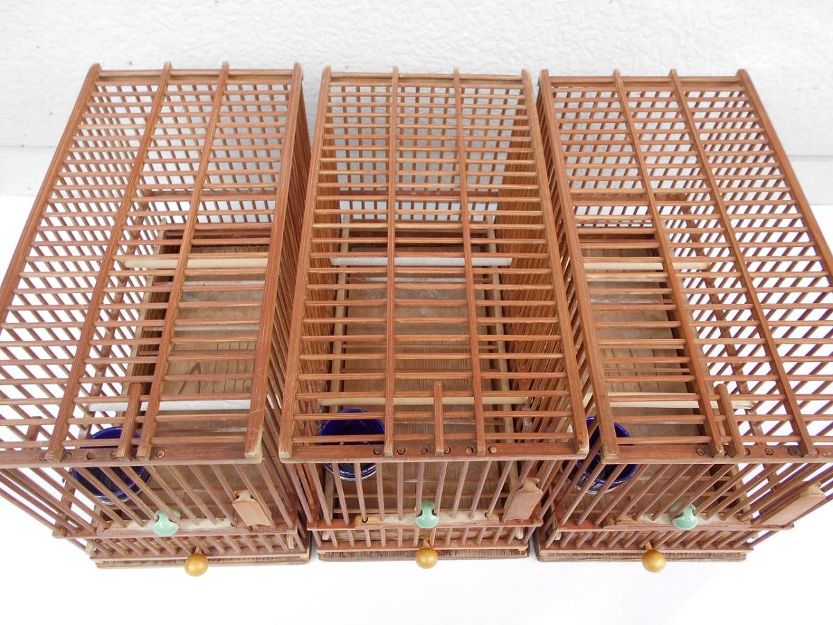 ○【2-2-T10】鳥カゴ 竹製 メジロ・文鳥 国産尺カゴ 付属品付き(餌かけ