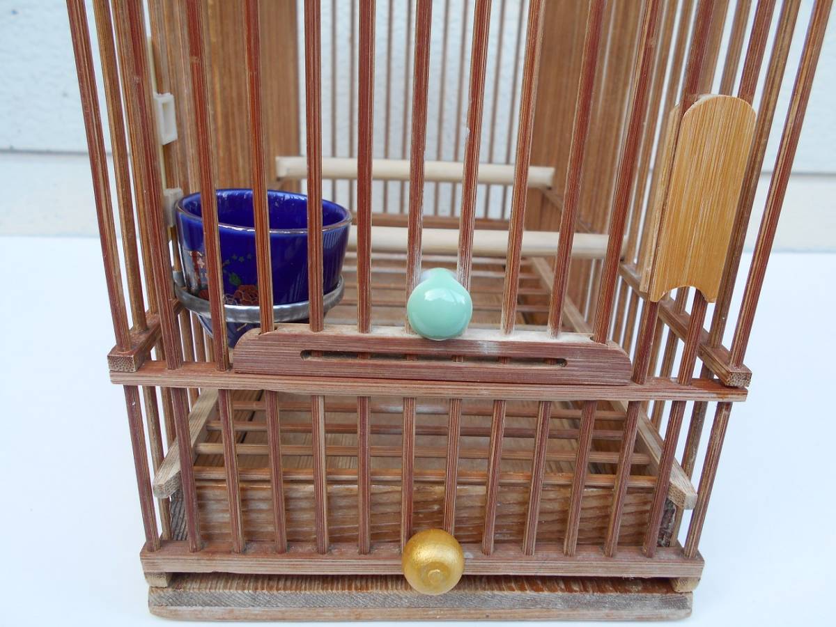 ○【2-2-T10】鳥カゴ 竹製 メジロ・文鳥 国産尺カゴ 付属品付き(餌かけ