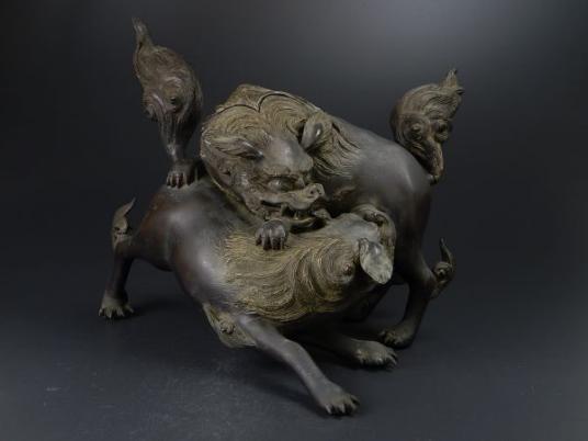 本物保証☆時代品.古銅・玉 古美術 古銅造 特大 絡み獅子 香炉 細密