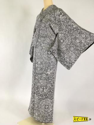 YOSHIE INABA 花織 お召し 小紋 正絹 縦縞 経浮花織美品イ6291 スピ買□1円 名品 美品 小紋 灰白 樹下鳥花 花唐草 竹炭