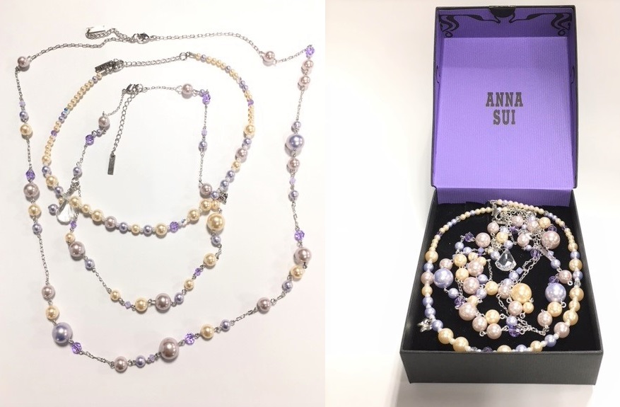ANNA SUI】アナスイ 3連 ネックレス 三連 パール パープル系 美品 箱 