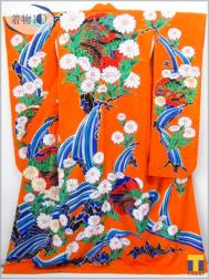 ★着物10★ 1円 化繊 お引き摺り 金駒刺繍 菊 比翼付 袷 身丈184cm 裄65.5cm ☆☆☆☆