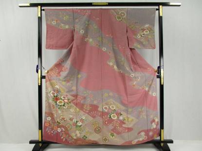 着物ふぁんた☆丸文　枝垂れ桜　牡丹　菊　染め分け　逸品　美品　金駒刺繍　訪問着 b2