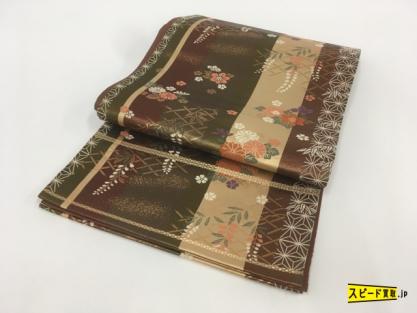 スピ買◇ 着物 1円 美品 名品 袋帯 薄茶色 草花 縦縞 藤 竹 麻の葉 金糸 引き箔 六通 正絹 ☆☆☆☆