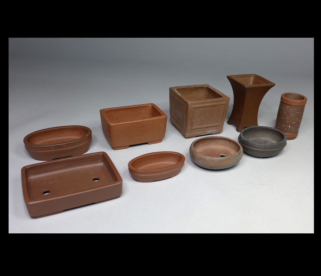 ●小品盆栽鉢⑤中国古玩 支那鉢9種　中国宜興 月琴.徐明芬.秋想道人など　朱泥・紫砂　豆盆栽　　検/水石盆石太湖石霊壁石古渡中渡