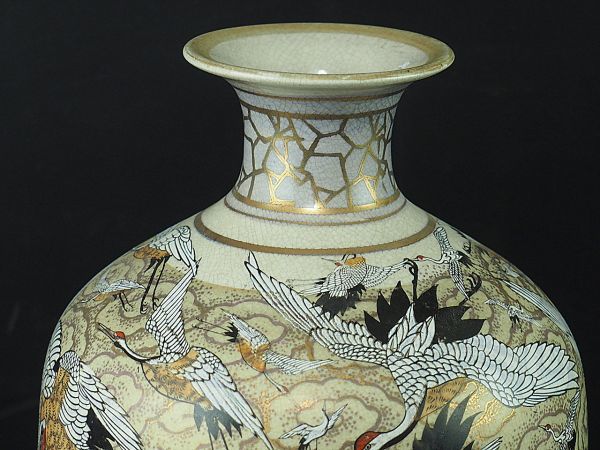 時代 薩摩焼 古薩摩 金彩 色絵 群鶴図大花瓶 高さ約37.5cm 極上品