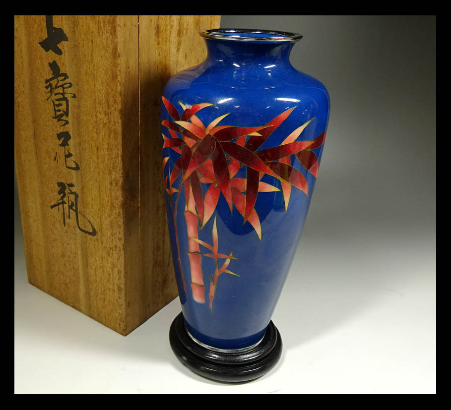緑屋*南□c 七宝花瓶 竹紋 花瓶 台 箱付 高約21.8cm 花器 花入 051416