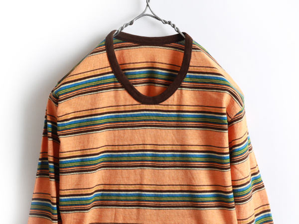 70's ビンテージ■ マルチボーダー 長袖 Tシャツ (メンズ 男性 S程) 古着 70年代 ボーダー ロンT ヴィンテージ USED ピンボーダー