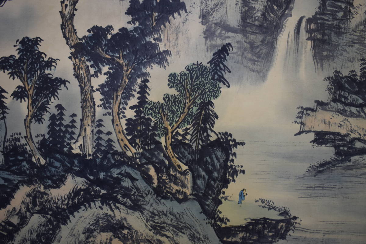 彩色山水 - 山水画 道具 掛け軸 | 真作⁄金子春雪⁄山水漁師図⁄