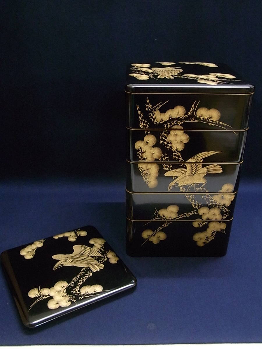 直販大特価 希少 素敵☆蒔絵 鷹 松☆5段 重箱☆木製 収納箱 付き☆漆