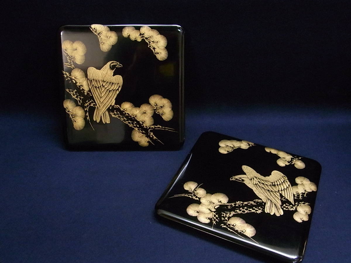 売上倍増 希少 素敵☆蒔絵 鷹 松☆5段 重箱☆木製 収納箱 付き☆漆塗り