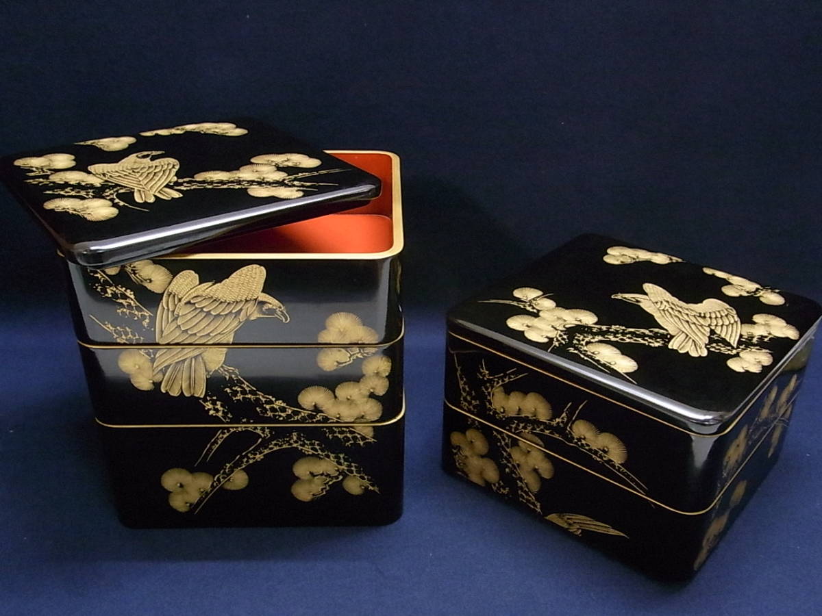 ☆朱塗り 重箱 5段 松蒔絵 漆器 レトロ！ 直販大特価 希少 素敵☆蒔絵 鷹 松☆5段 重箱☆木製 収納箱 付き☆漆