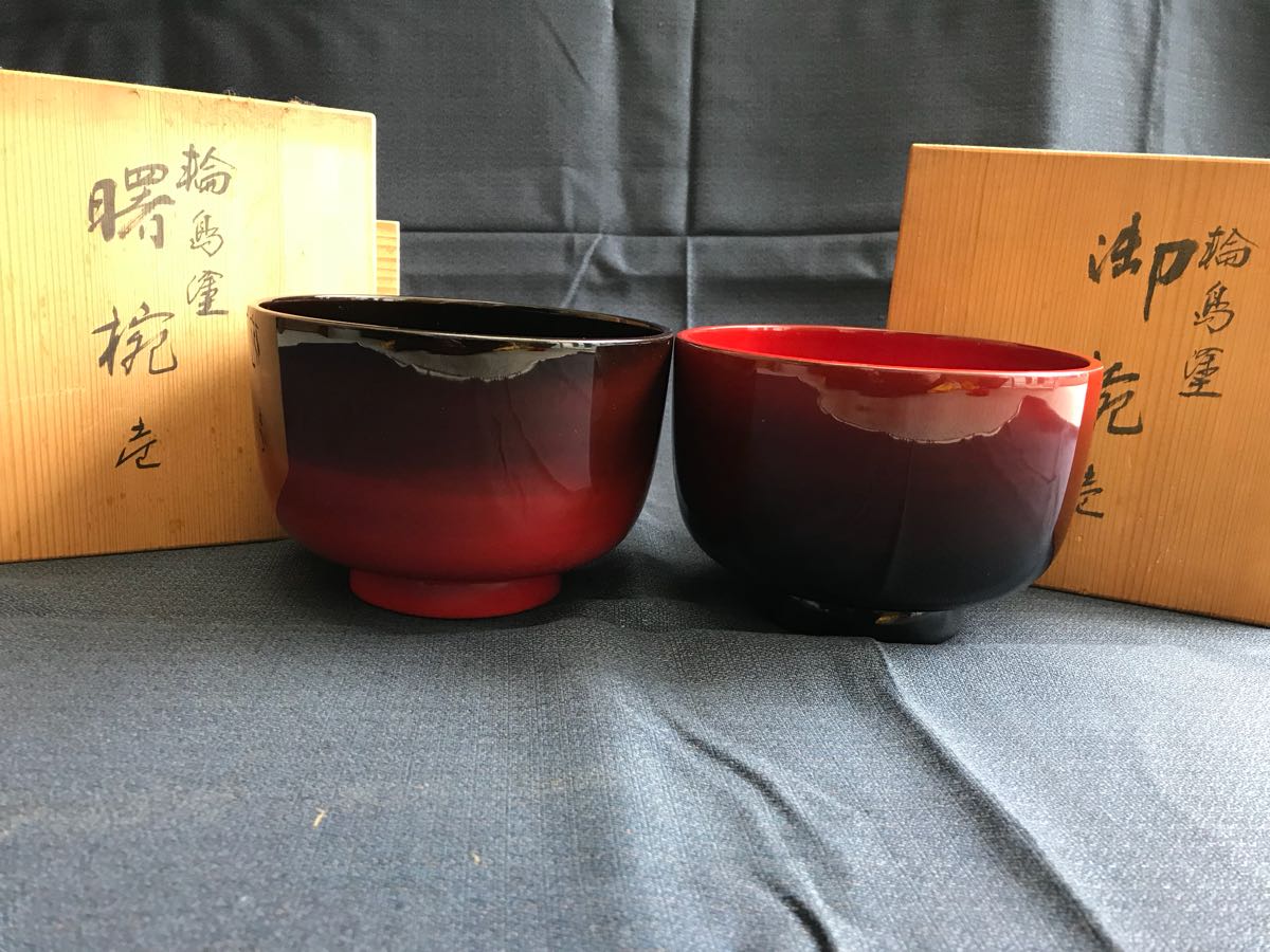 ジン、BJ022 時代輪島塗 波に雲上富士図金蒔絵 吸物椀 二客 木製 ジン、BJ022 時代輪島塗 波に雲上富士図金蒔絵 吸物椀 二客 木製