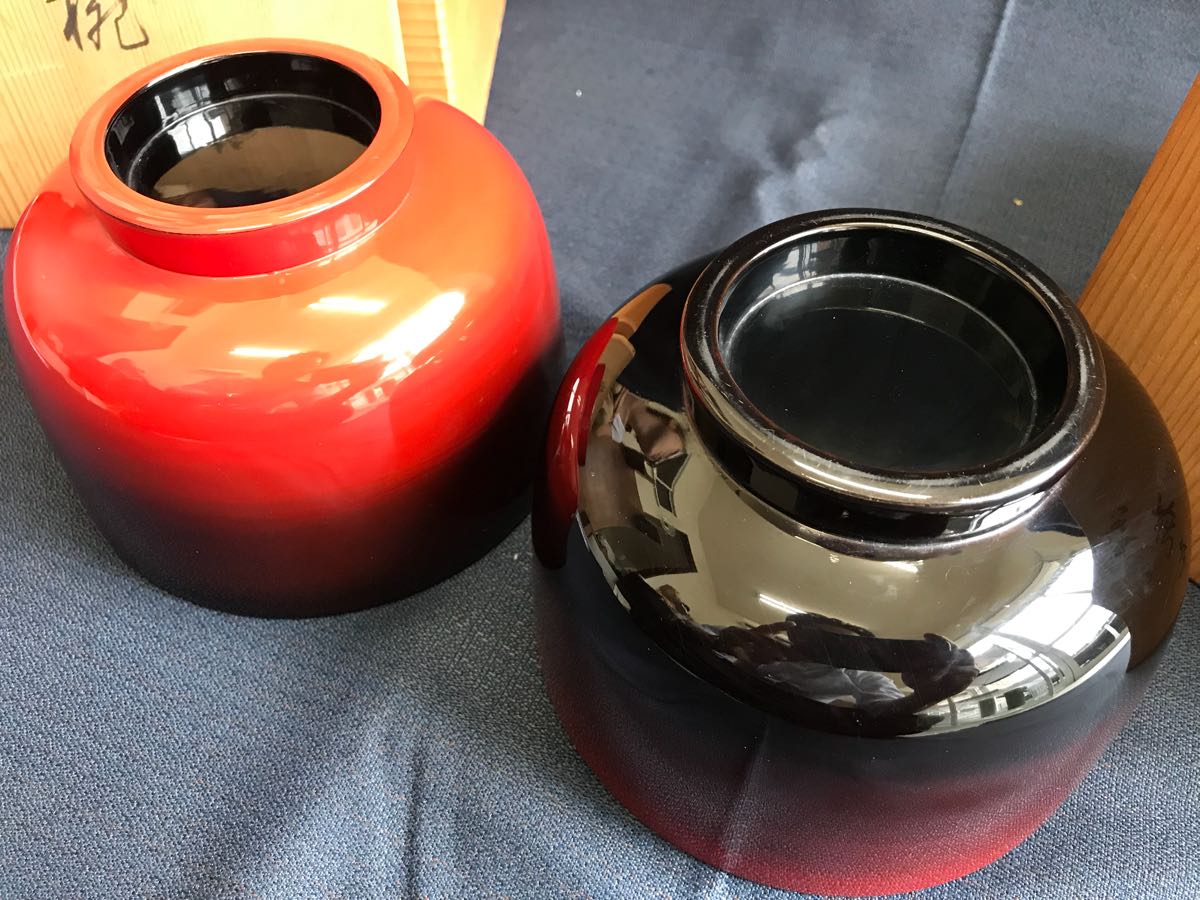 ジン、BJ022 時代輪島塗 波に雲上富士図金蒔絵 吸物椀 二客 木製 ジン、BJ022 時代輪島塗 波に雲上富士図金蒔絵 吸物椀 二客 木製