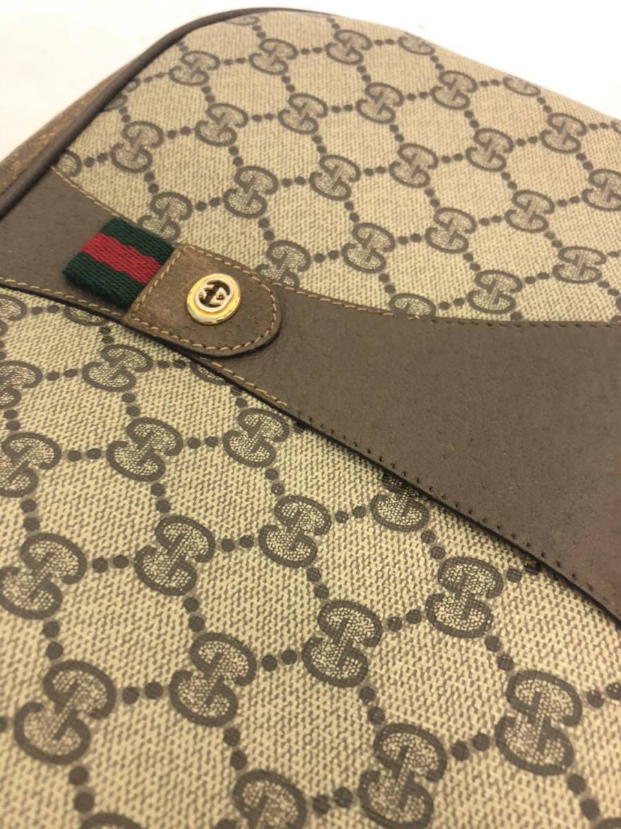 GUCCIグッチ GG柄 シェリーライン PVC×レザー クラッチバッグ ポーチ ☆極上級☆GUCCI グッチ GG柄 オールドグッチ PVC シェリーライン