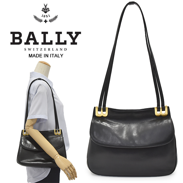 ◇イタリア製 バリー【BALLY】牛革 Bロゴ金具 レザーハンドバッグ 黒 